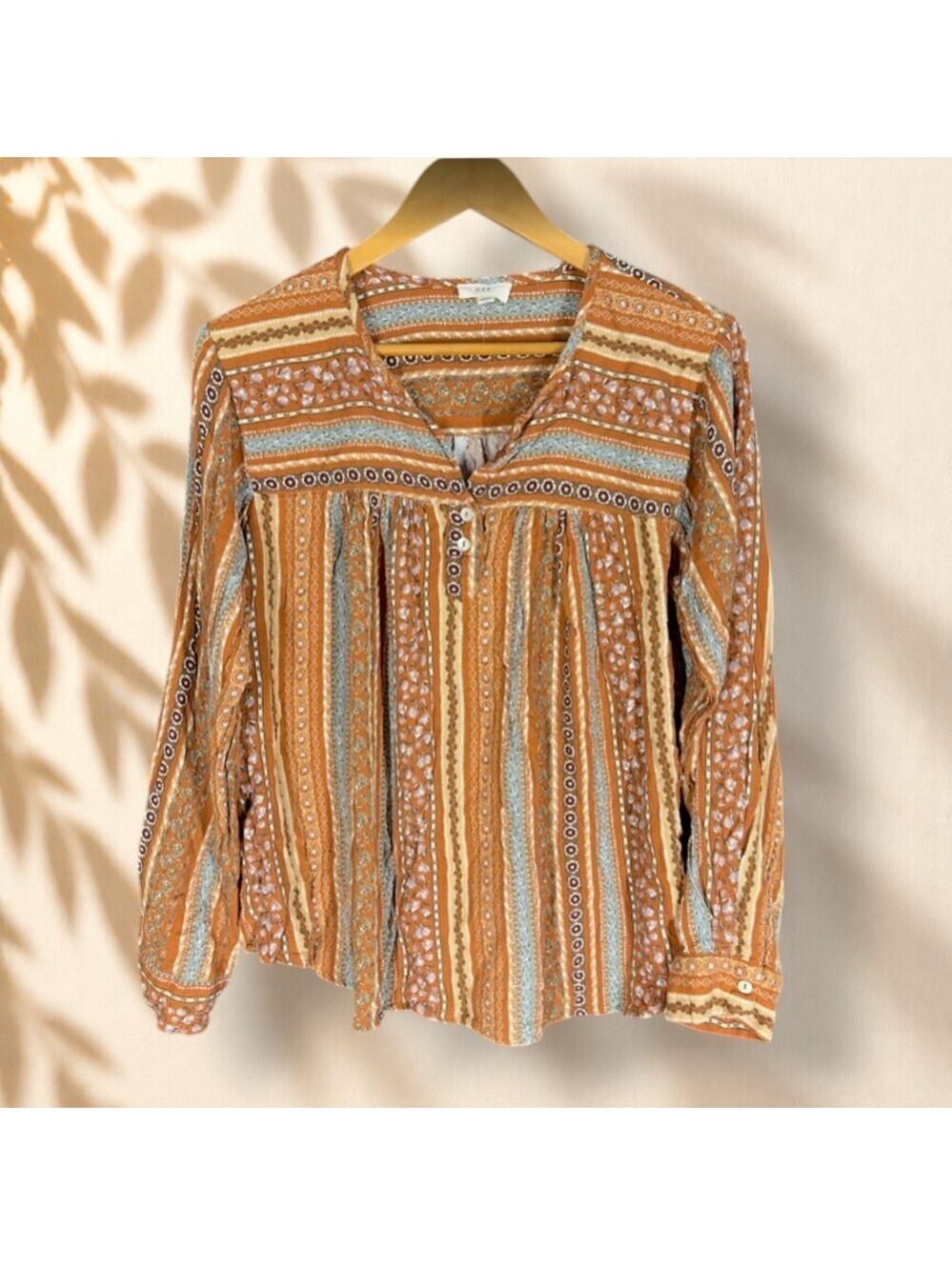 Ott Blouse Women XL Brown Striped V-Neck Long Sleeve Button Casual Stretch